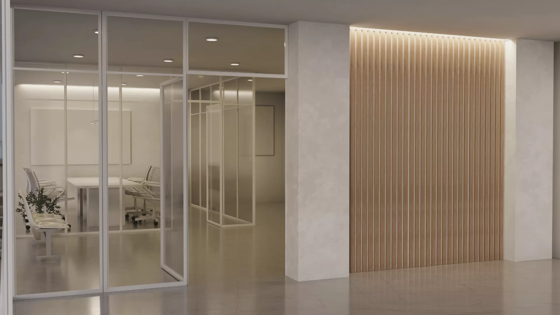 Interior Kantor Modern dengan Ruangan Bersekat Kaca dan Dinding Aksen Kayu, ilustrasi pekerjaan dinding dan partisi kontraktor interior PT Mandala Pilar Indonesia.