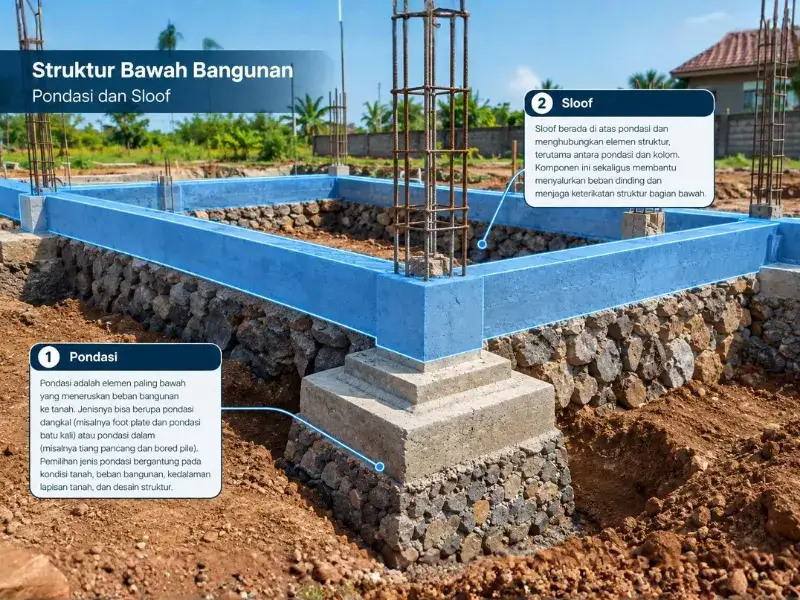 Berikut Ini yang Merupakan Bagian dari Konstruksi Bangunan: pondasi dan sloof.