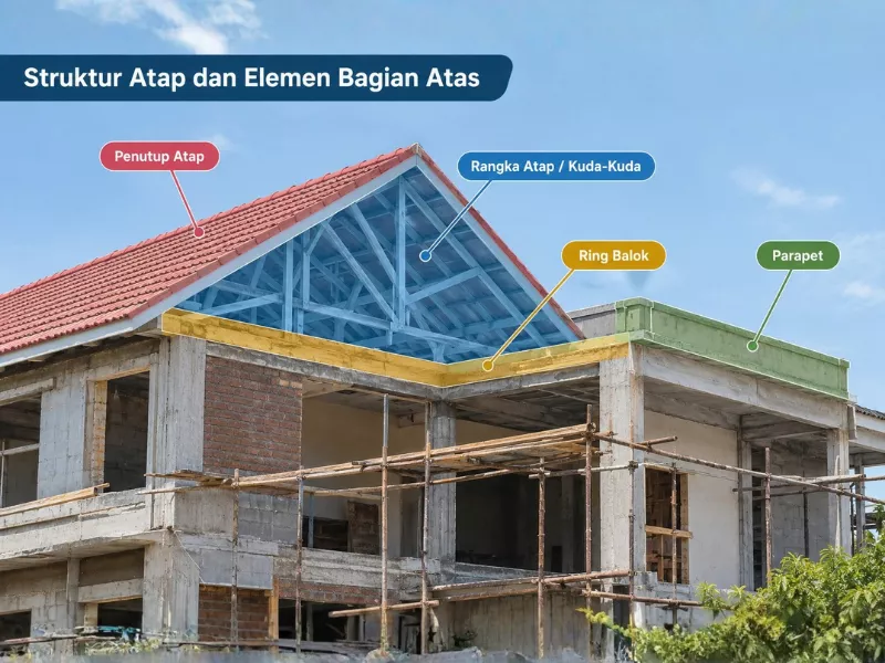 Berikut Ini yang Merupakan Bagian dari Konstruksi Bangunan: ring balok, kerangka atap, penutup atap, dan parapet.