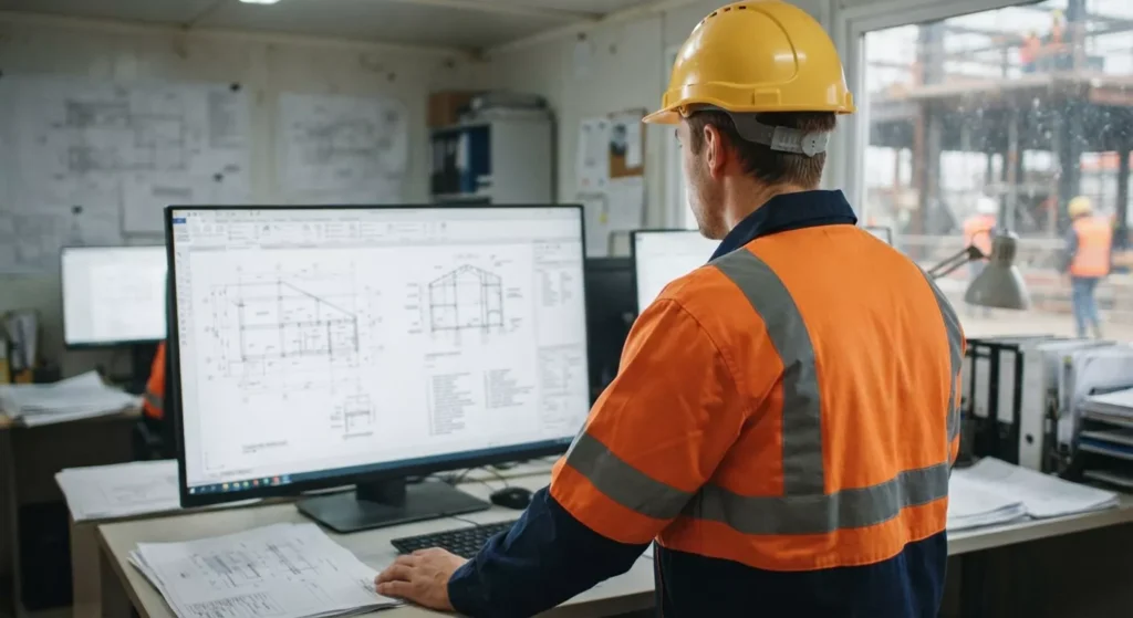 Tampak belakang seorang insinyur proyek memeriksa cetak biru teknik di monitor komputer untuk menjelaskan arti DED dalam proyek gambar kerja terperinci.