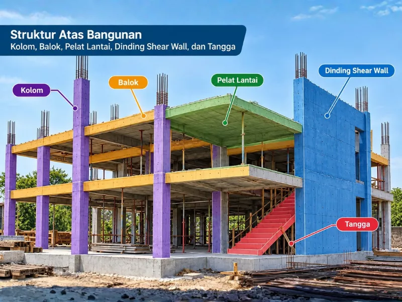 Berikut Ini yang Merupakan Bagian dari Konstruksi Bangunan: kolom, balok, pelat lantai, sheer wall, tangga 