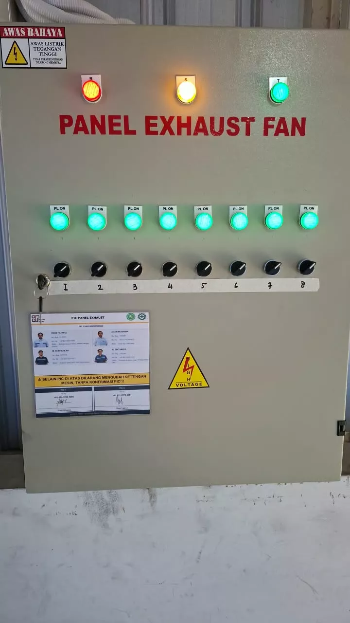 Panel elektrikal exhaust fan PT Bonecom Tricom sebagai portofolio MEP Mandala Pilar Indonesia.